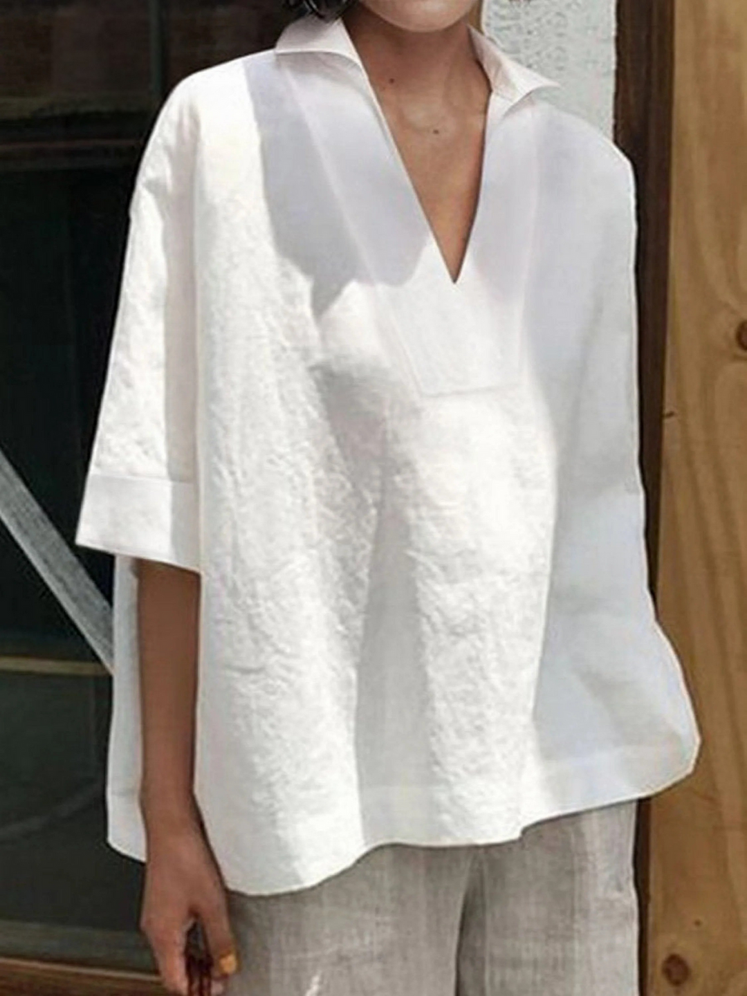 Women's V-neck  Solid Colour Loose Mid-Sleeve Shirt