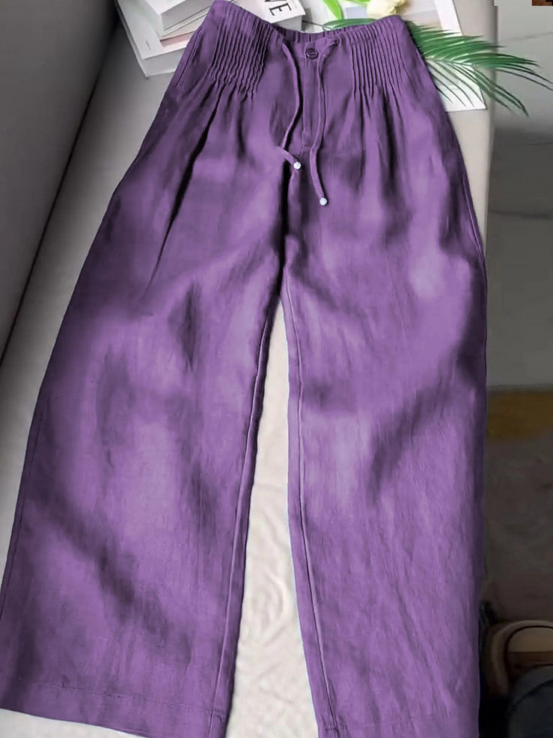 Women's Solid Color Pleated Drawstring Casual  Wide Leg Linen Pants