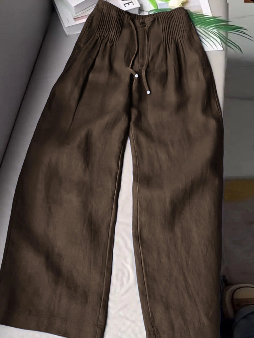 Women's Solid Color Pleated Drawstring Casual  Wide Leg Linen Pants