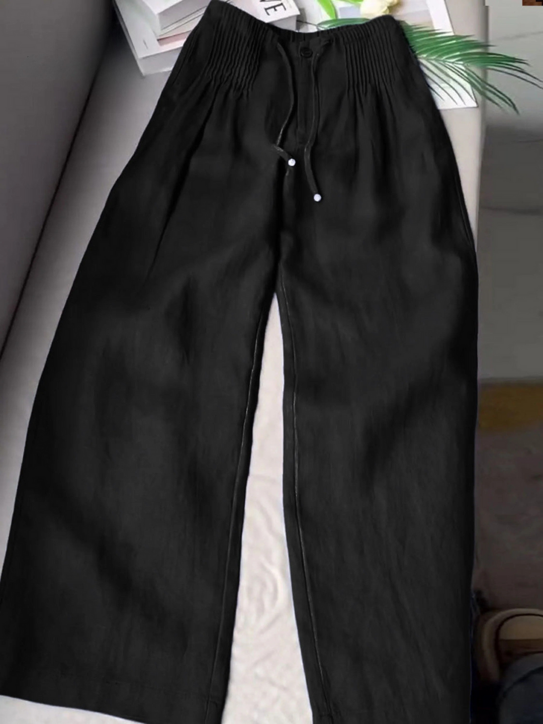 Women's Solid Color Pleated Drawstring Casual  Wide Leg Linen Pants