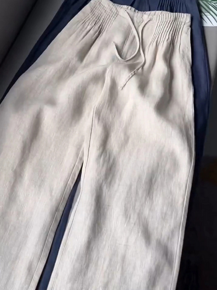 Women's Solid Color Pleated Drawstring Casual  Wide Leg Linen Pants