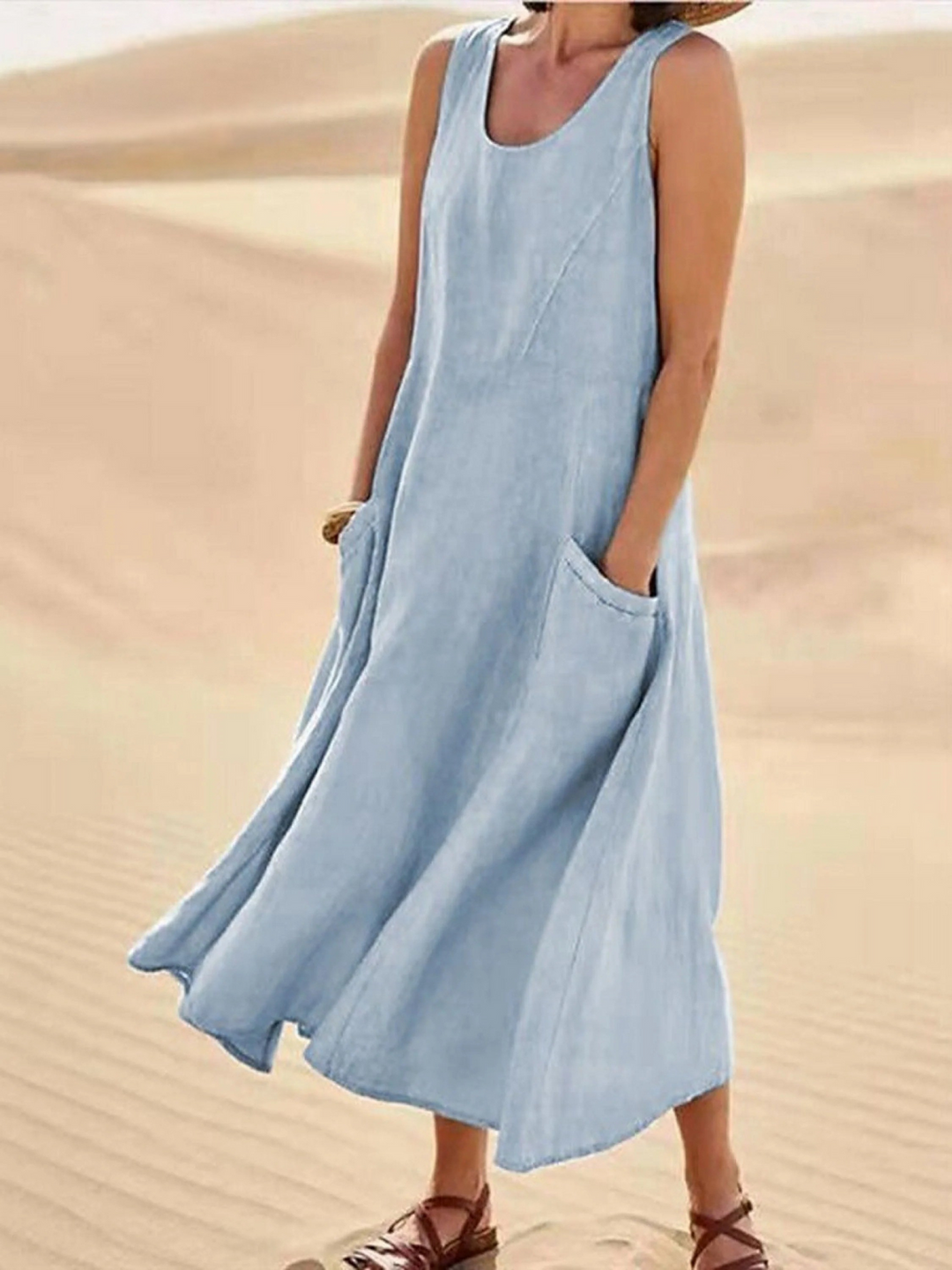 Women Sleeveless Sundress Elegant Round Neck  Solid Long Tank Casual Summer Dress
