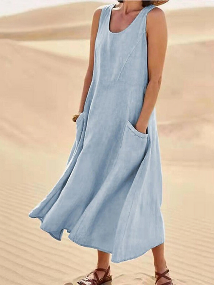 Women Sleeveless Sundress Elegant Round Neck  Solid Long Tank Casual Summer Dress