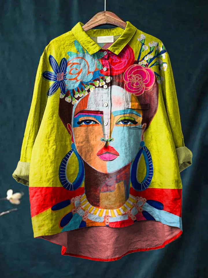 Oil Painting Freda Portrait Art Printed Women's Casual  Linen Shirt