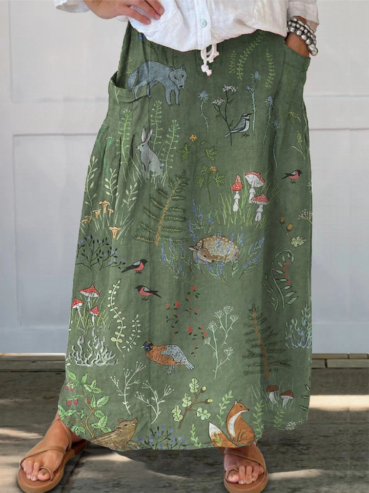 Woodland And Animals Pattern Printed Women's Pocket Skirt