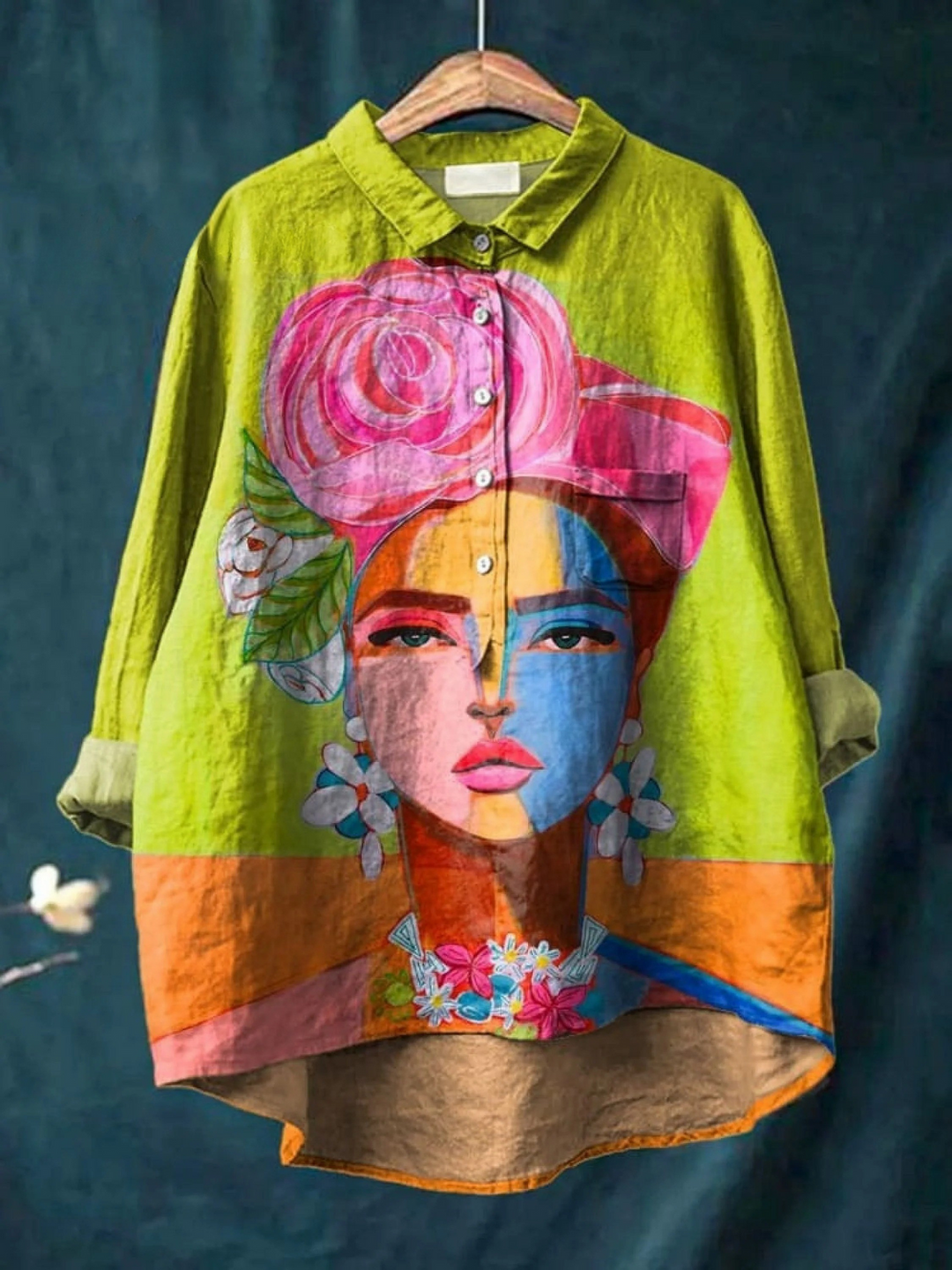 Oil Painting Freda Portrait Art Printed Women's Casual  Linen Shirt