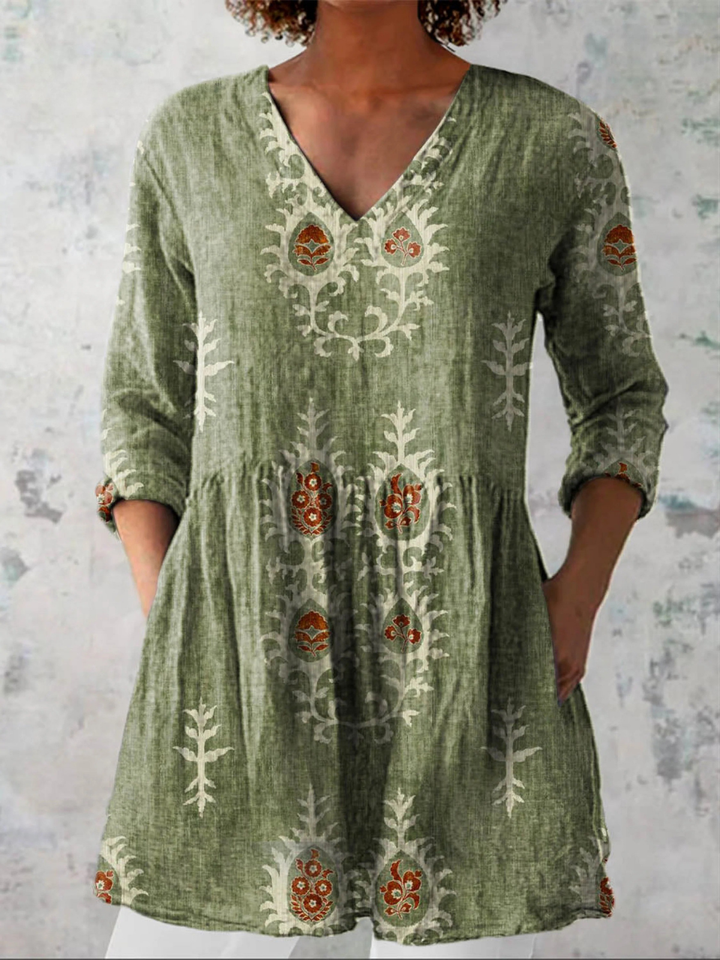 Women's Vintage Ethnic Pattern Art Print Casual Linen V-neck Tunic