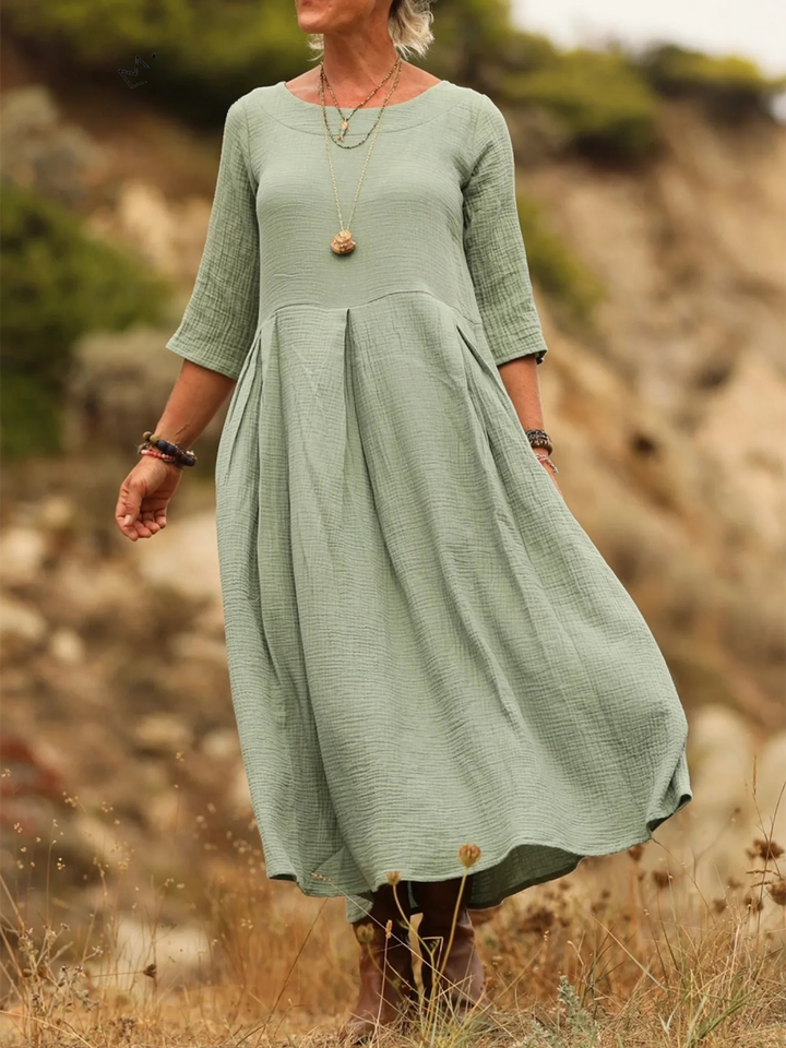 Elena Comfortable Pleated Cotton and Linen Dress