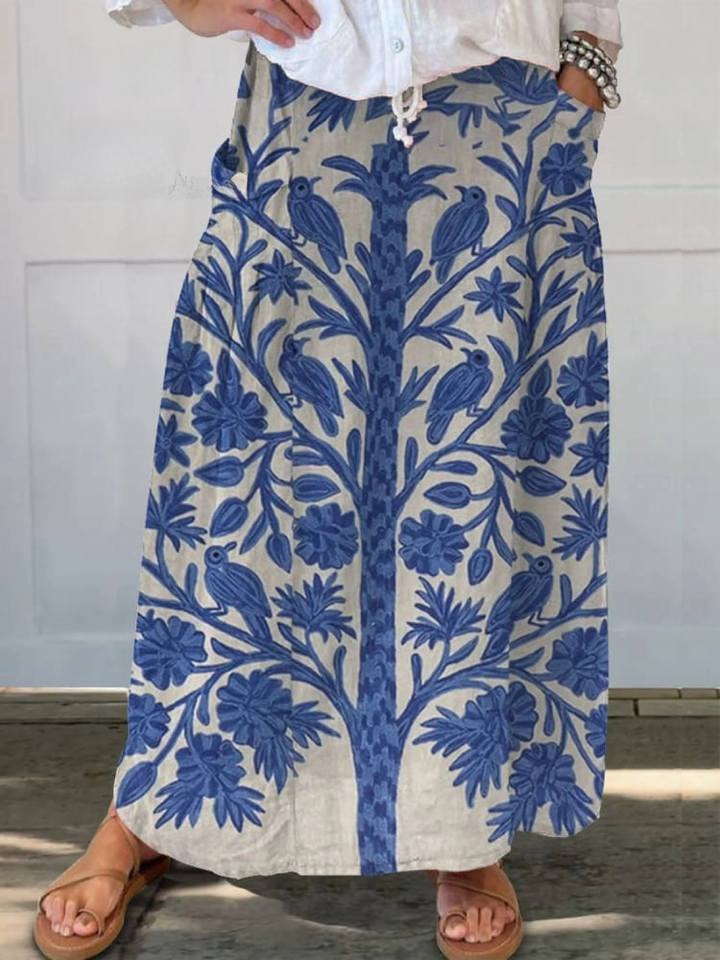 Women's  Vintage Floral Art Print Casual Linen V-neck Shirt