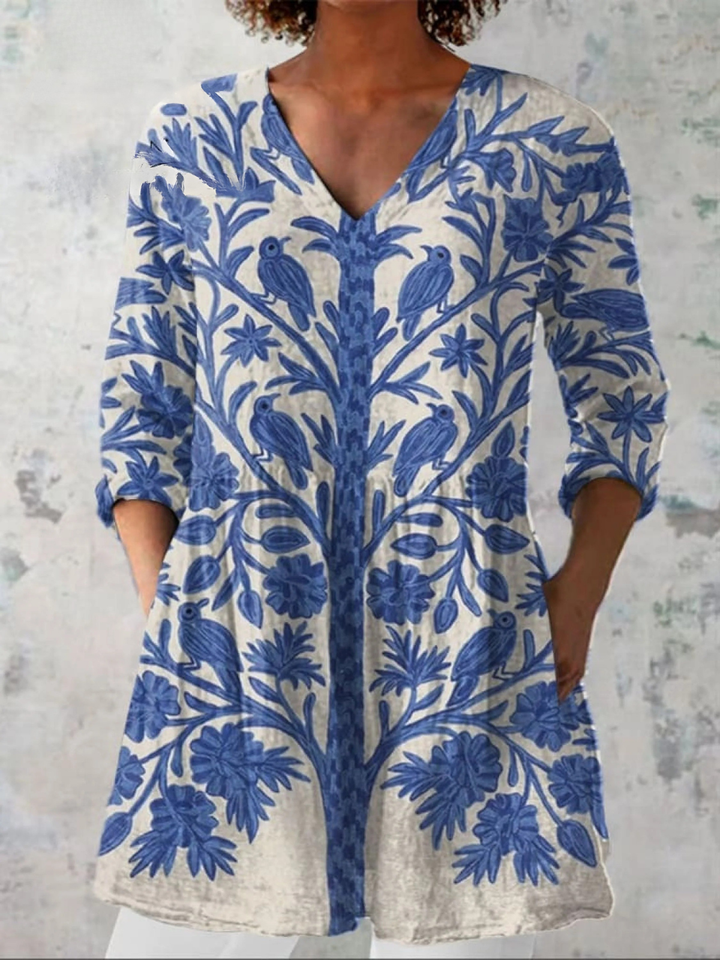 Women's  Vintage Floral Art Print Casual Linen V-neck Shirt