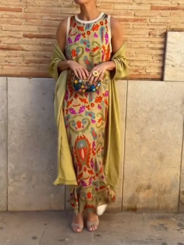 Women's Printed Satin Cardigan Dress Two-Piece Set