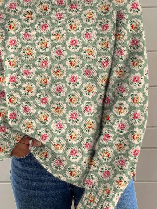 Women's Lovely Floral Art Print Knit Turtleneck Pullover Sweater
