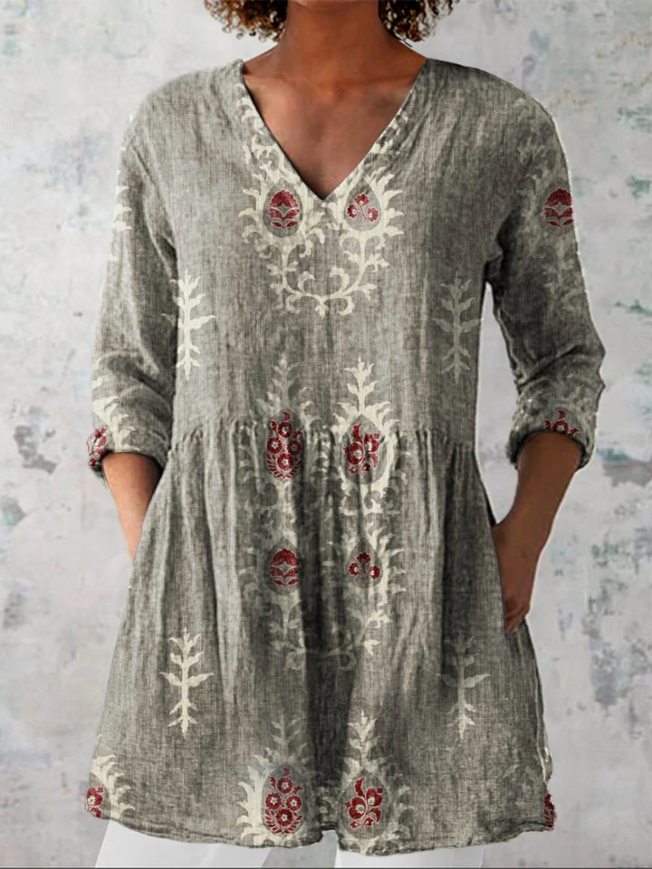Women's Vintage Ethnic Pattern Art Print Casual Linen V-neck Tunic