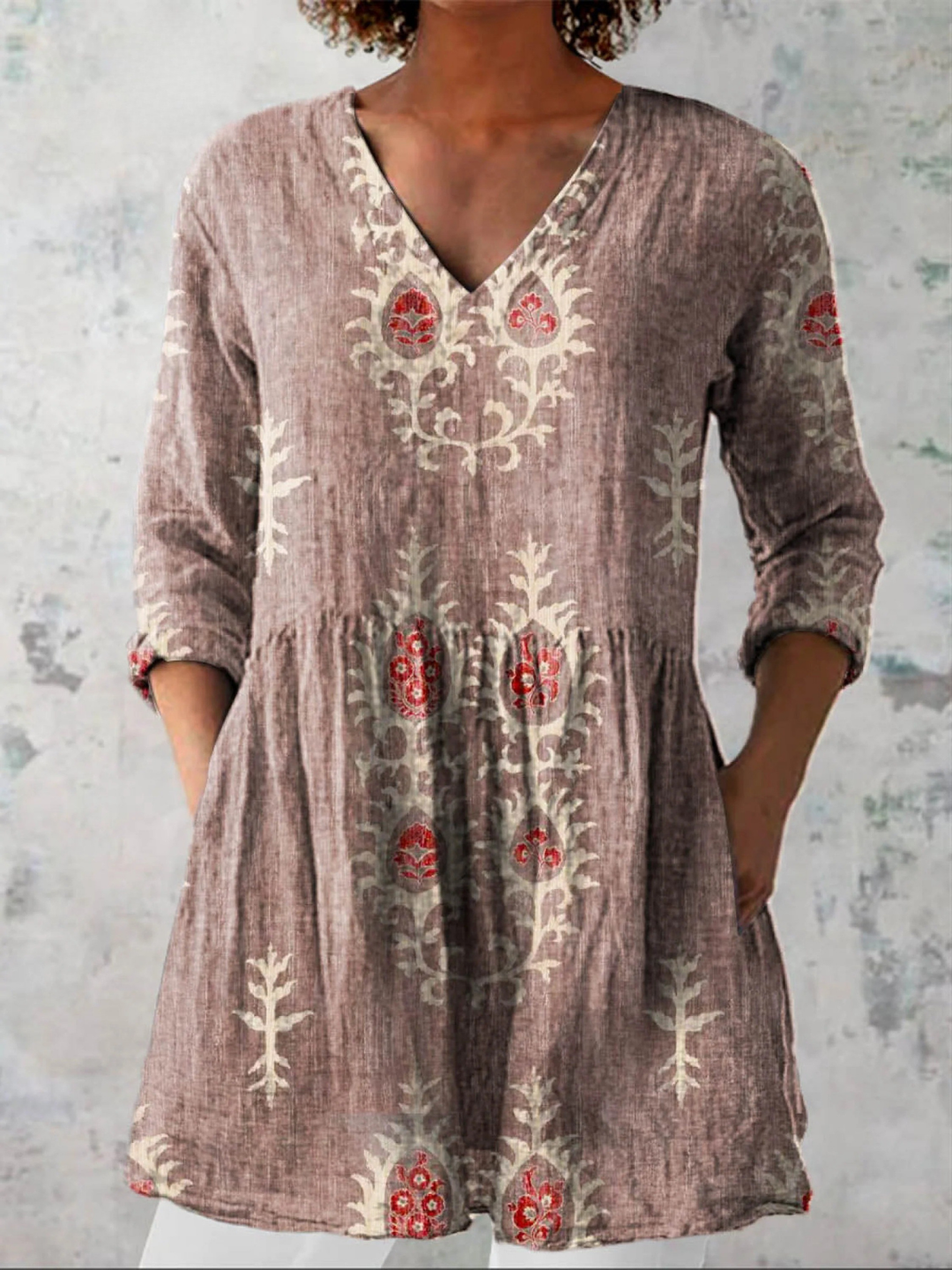 Women's Vintage Ethnic Pattern Art Print Casual Linen V-neck Tunic