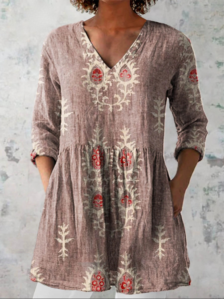 Women's Vintage Ethnic Pattern Art Print Casual Linen V-neck Tunic